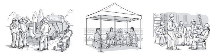 Sketches of workers being protected from heat illness