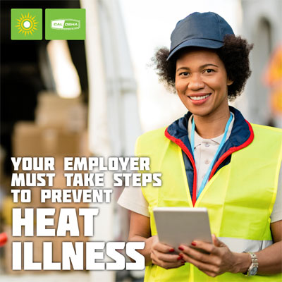 Employers must prevent heat illness.  Shows a warehouse worker.